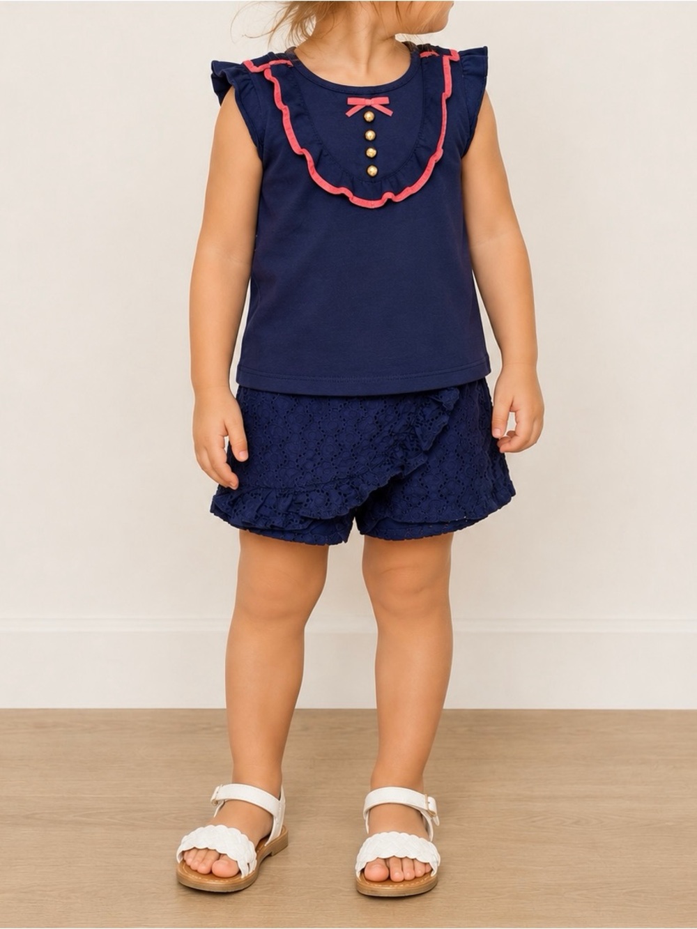 Janie and Jack Navy Ruffle Lace Skort with Pink Trim Top